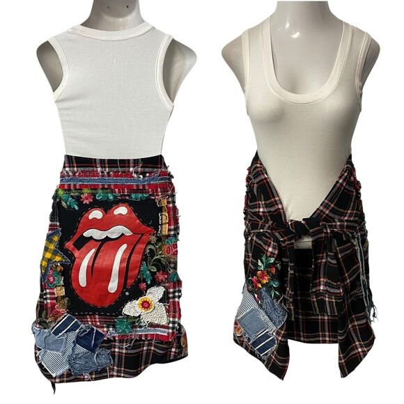 Upcycled Flannel Shirt Womens Large Lips Shacket Grunge Rock Concert Art - Picture 14 of 16